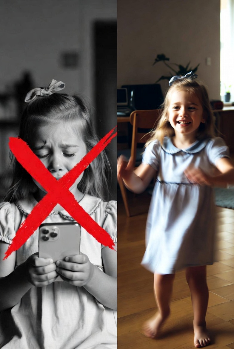 Antes e depois: criança no celular vs. criança dançando feliz